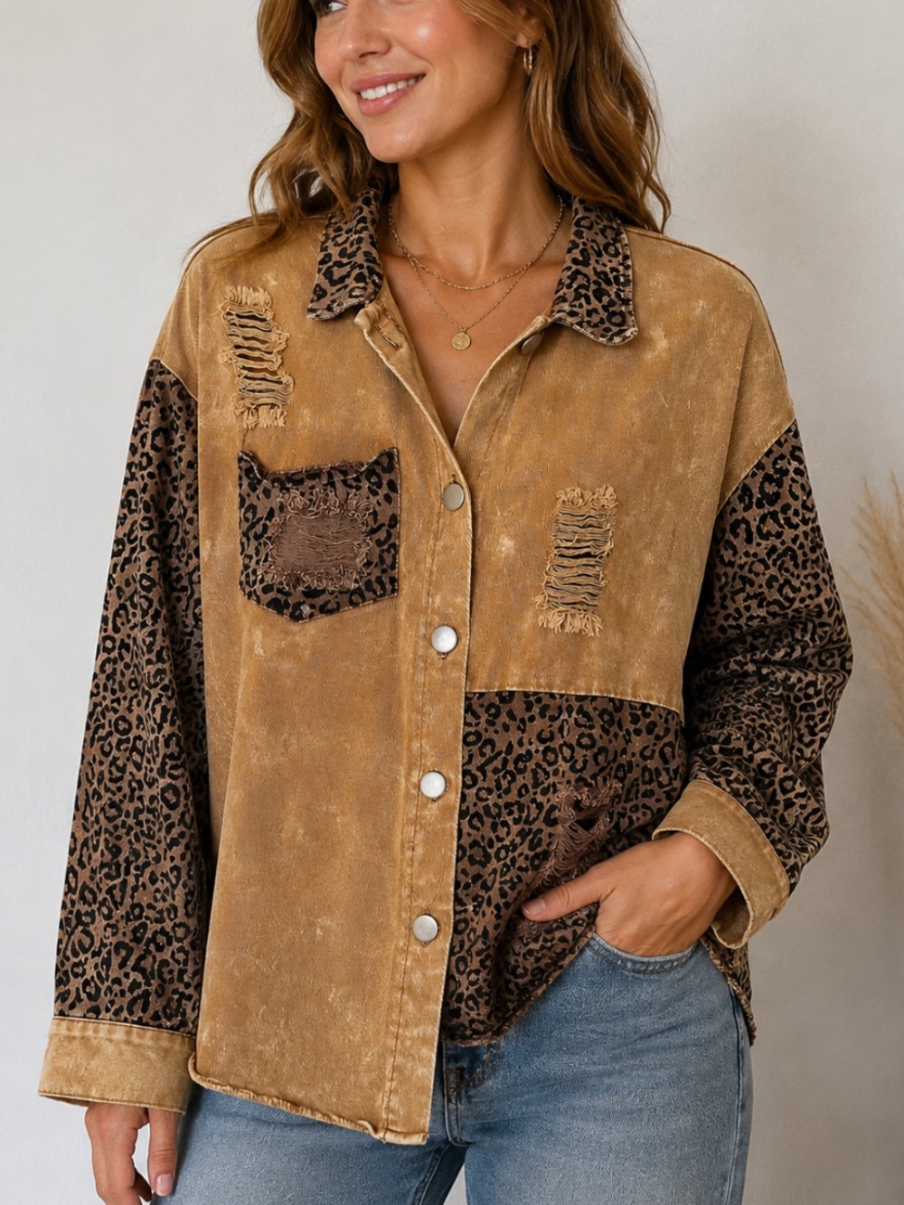Chunky distressed shredded cheetah animal print denim jacket